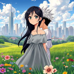 A captivating countryside landscape in the foreground, featuring vibrant green meadows and colorful wildflowers, with a bustling urban city skyline in the background showcasing tall buildings and modern architecture