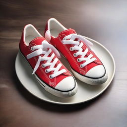 A real-life, high-quality photograph featuring a pair of sneakers placed on a plate