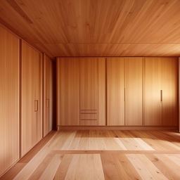 A minimalist interior design featuring a wooden floor and wood furniture.