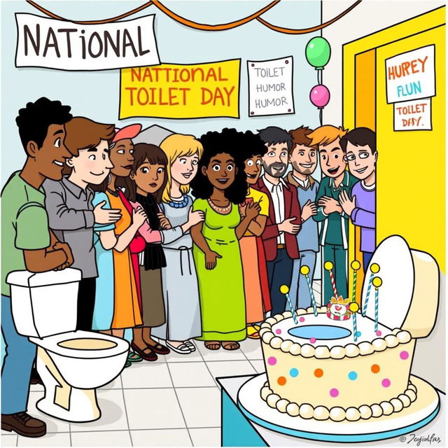 A humorous and lively scene illustrating National Toilet Day with a long queue of diverse people waiting outside a brightly colored toilet room