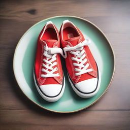 A real-life, high-quality photograph featuring a pair of sneakers placed on a plate