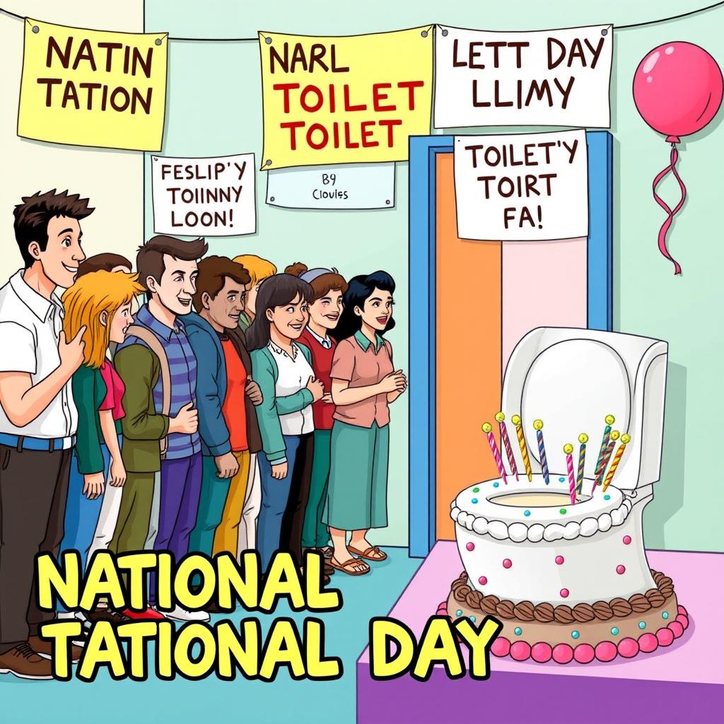 A humorous and lively scene illustrating National Toilet Day with a long queue of diverse people waiting outside a brightly colored toilet room