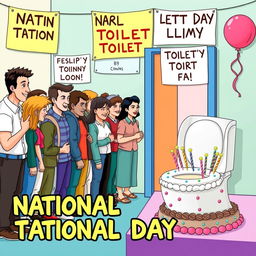 A humorous and lively scene illustrating National Toilet Day with a long queue of diverse people waiting outside a brightly colored toilet room