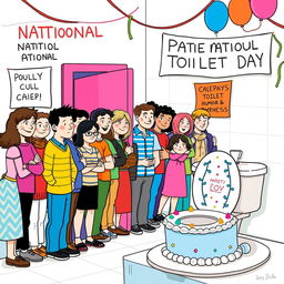 A humorous and lively scene illustrating National Toilet Day with a long queue of diverse people waiting outside a brightly colored toilet room
