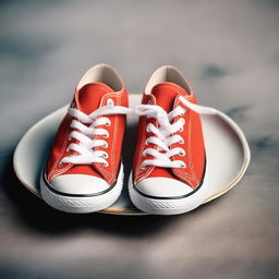 A real-life, high-quality photograph featuring a pair of sneakers placed on a plate