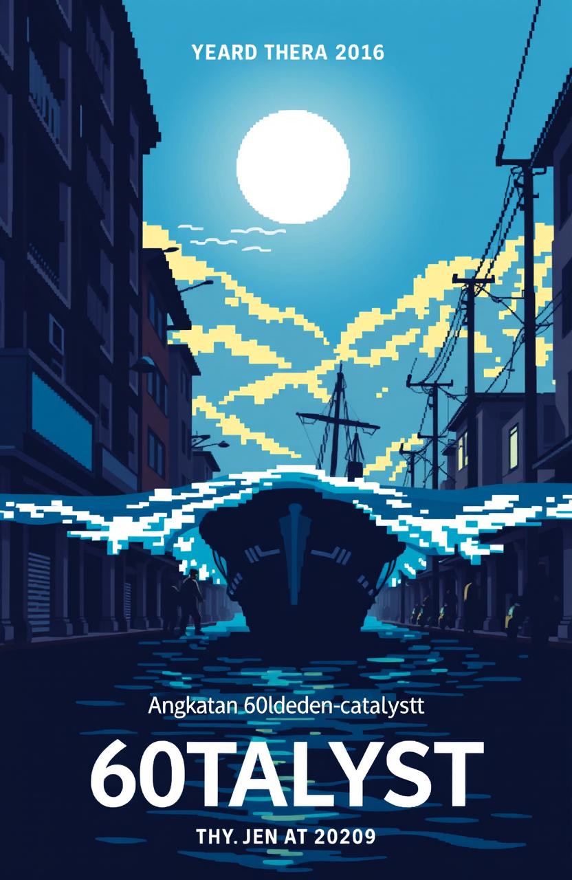 A modern pixel art book cover for a yearbook featuring the name 'Angkatan 60lden Catalyst'