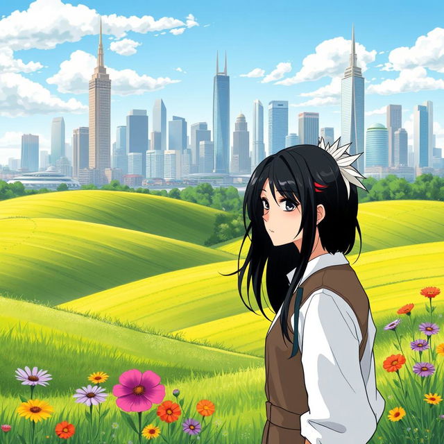 A charming countryside landscape in the foreground featuring rolling green hills and colorful wildflowers, with a vibrant urban city skyline in the background showcasing tall buildings and modern architecture