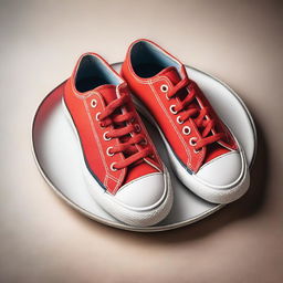 A real-life, high-quality photograph featuring a pair of sneakers placed on a plate