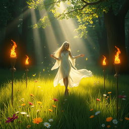 A serene scene depicting a forest spirit standing gracefully in a sunlit glade adorned with five flickering torches