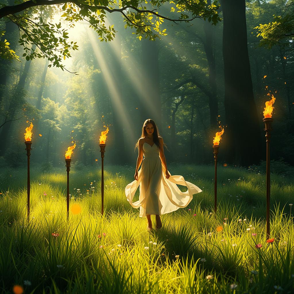 A serene scene depicting a forest spirit standing gracefully in a sunlit glade adorned with five flickering torches