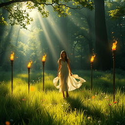 A serene scene depicting a forest spirit standing gracefully in a sunlit glade adorned with five flickering torches