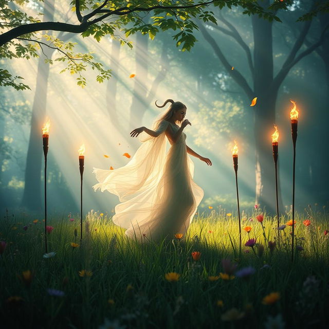 A serene scene depicting a forest spirit standing gracefully in a sunlit glade adorned with five flickering torches