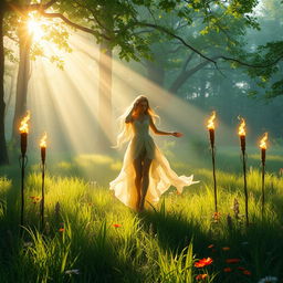 A serene scene depicting a forest spirit standing gracefully in a sunlit glade adorned with five flickering torches