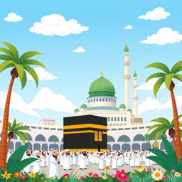 A playful cartoon style illustration depicting the beautiful cities of Makkah and Madinah