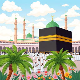 A playful cartoon style illustration depicting the beautiful cities of Makkah and Madinah