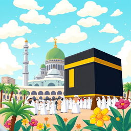 A playful cartoon style illustration depicting the beautiful cities of Makkah and Madinah
