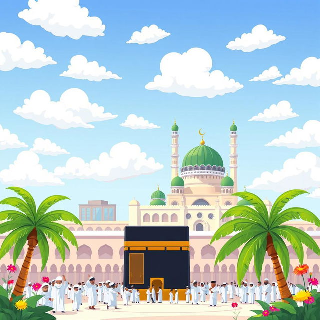 A playful cartoon style illustration depicting the beautiful cities of Makkah and Madinah