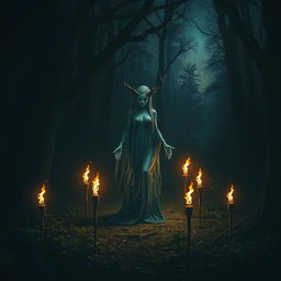 A mystical forest spirit standing in the center of a dark glade, illuminated by the warm glow of five flickering torches arranged around it