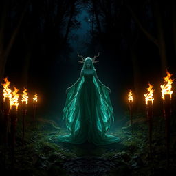 A mystical forest spirit standing in the center of a dark glade, illuminated by the warm glow of five flickering torches arranged around it