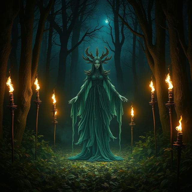 A mystical forest spirit standing in the center of a dark glade, illuminated by the warm glow of five flickering torches arranged around it