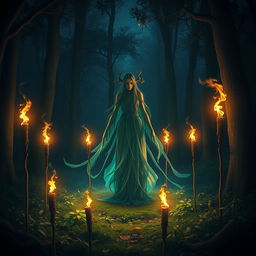 A mystical forest spirit standing in the center of a dark glade, illuminated by the warm glow of five flickering torches arranged around it