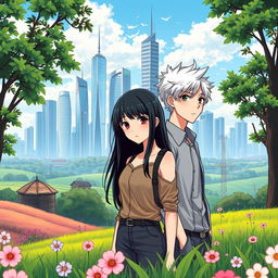 A picturesque countryside landscape in the foreground, featuring lush green fields and blooming flowers, with a striking urban city skyline in the background showcasing sleek skyscrapers and modern architecture