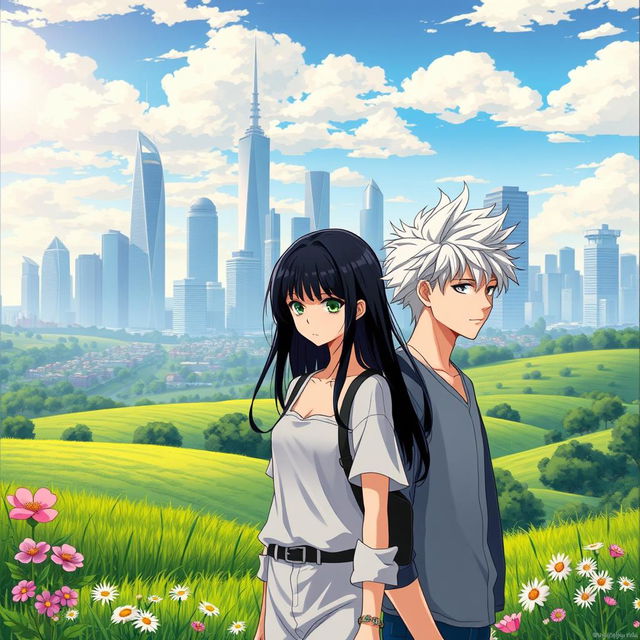 A picturesque countryside landscape in the foreground, featuring lush green fields and blooming flowers, with a striking urban city skyline in the background showcasing sleek skyscrapers and modern architecture
