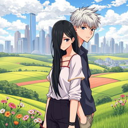 A picturesque countryside landscape in the foreground, featuring lush green fields and blooming flowers, with a striking urban city skyline in the background showcasing sleek skyscrapers and modern architecture