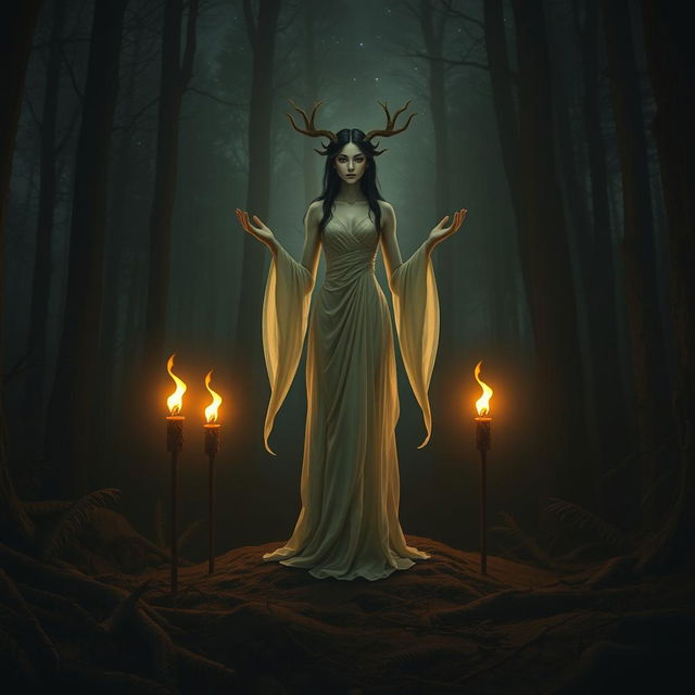 A mystical forest spirit standing on a dark glade, surrounded by the warm flickering light of five torches arranged around it