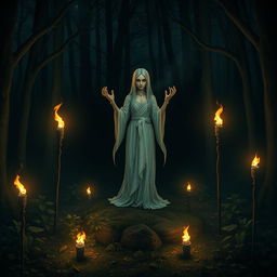 A mystical forest spirit standing on a dark glade, surrounded by the warm flickering light of five torches arranged around it