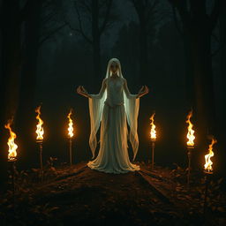 A mystical forest spirit standing on a dark glade, surrounded by the warm flickering light of five torches arranged around it