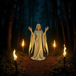 A mystical forest spirit standing on a dark glade, surrounded by the warm flickering light of five torches arranged around it