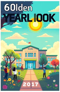 A vibrant pixel art design for a high school yearbook cover featuring the class of '60lden Catalyst'