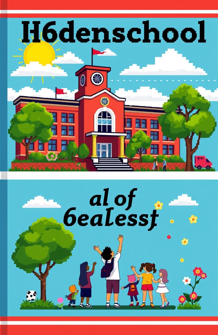 A vibrant pixel art design for a high school yearbook cover featuring the class of '60lden Catalyst'