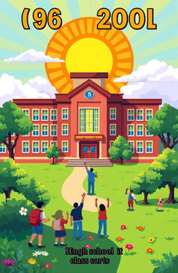 A vibrant pixel art design for a high school yearbook cover featuring the class of '60lden Catalyst'