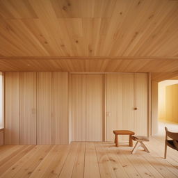 A minimalist interior design featuring a wooden floor and wood furniture.