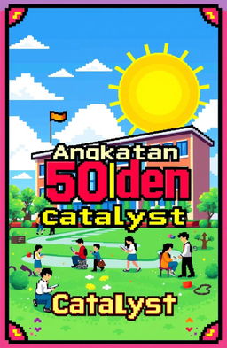 A vibrant pixel art cover for a high school yearbook, featuring the words 'Angkatan 60lden Catalyst' prominently displayed