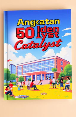 A vibrant pixel art cover for a high school yearbook, featuring the words 'Angkatan 60lden Catalyst' prominently displayed