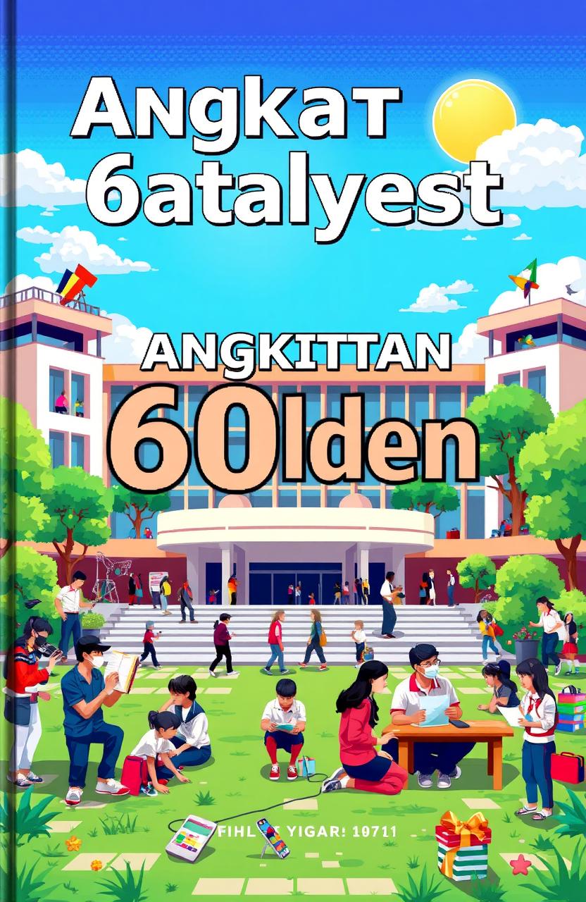 A vibrant pixel art cover for a high school yearbook, featuring the words 'Angkatan 60lden Catalyst' prominently displayed