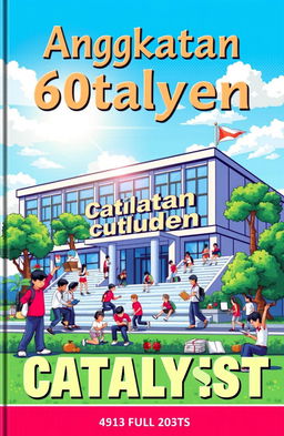 A vibrant pixel art cover for a high school yearbook, featuring the words 'Angkatan 60lden Catalyst' prominently displayed