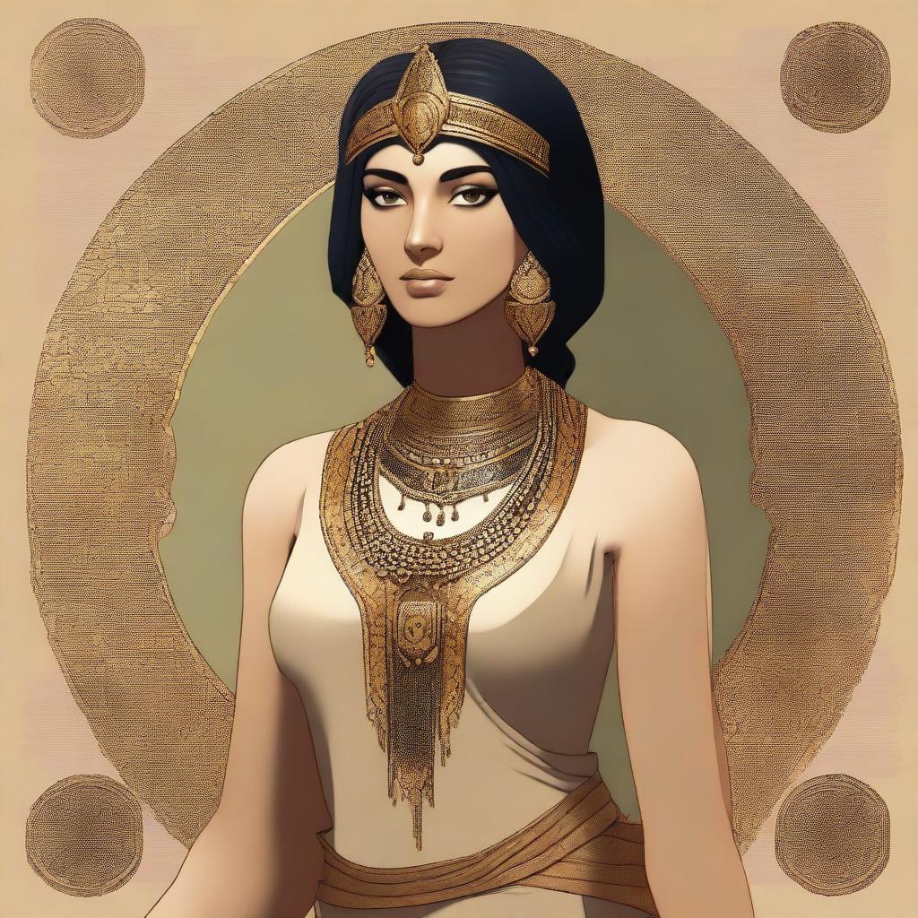 A high-quality digital art image showing Shamhat from the Epic of Gilgamesh, depicted in her entirety from head to foot