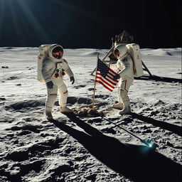 A breathtaking representation of the Apollo 11 moon landing, featuring astronauts Neil Armstrong and Buzz Aldrin on the lunar surface