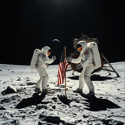 A breathtaking representation of the Apollo 11 moon landing, featuring astronauts Neil Armstrong and Buzz Aldrin on the lunar surface