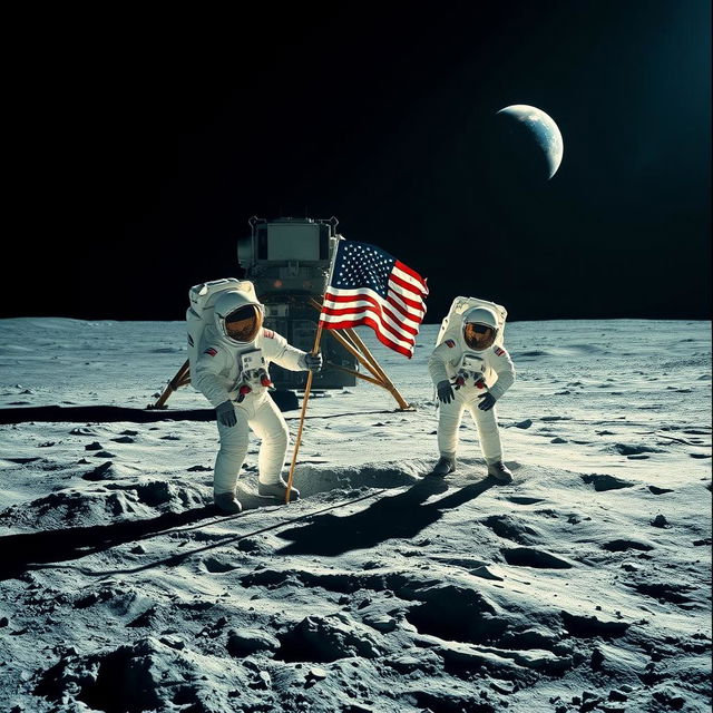 A breathtaking representation of the Apollo 11 moon landing, featuring astronauts Neil Armstrong and Buzz Aldrin on the lunar surface