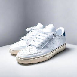 A professionally taken real-life photograph of a pair of sneakers resting on a white table