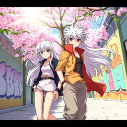 A scene featuring Sano Manjiro, the striking character with white hair and an intense gaze, standing confidently beside a girl with long flowing hair