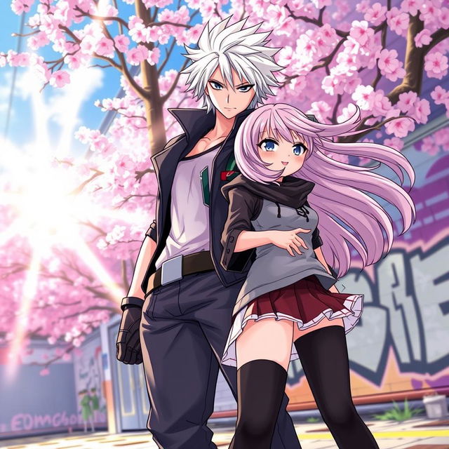 A scene featuring Sano Manjiro, the striking character with white hair and an intense gaze, standing confidently beside a girl with long flowing hair