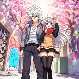 A scene featuring Sano Manjiro, the striking character with white hair and an intense gaze, standing confidently beside a girl with long flowing hair