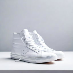 A professionally taken real-life photograph of a pair of sneakers resting on a white table