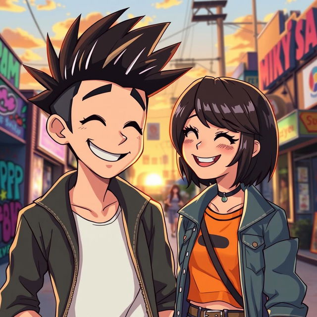 A captivating scene featuring Mikey, the charismatic character with a signature hairstyle and confident demeanor, standing beside a girl with shoulder-length hair styled in a trendy way